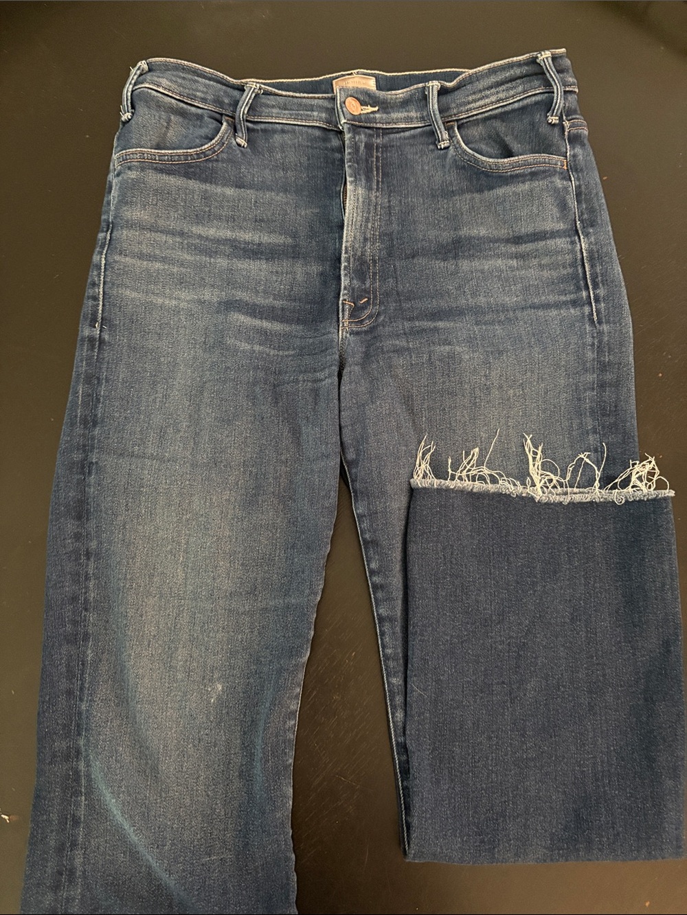 MOTHER Women's Dark Blue Cropped Jeans with Frayed Knee Panel
